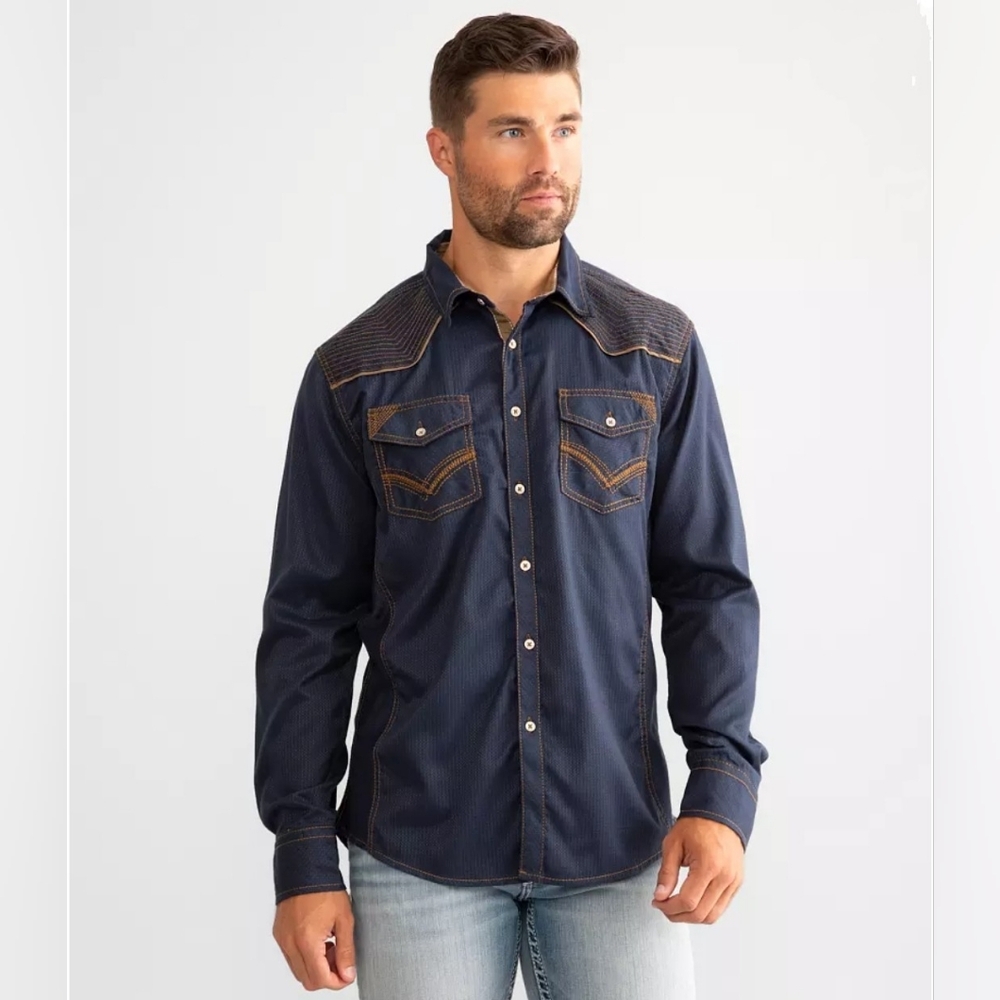 BUCKLE BLACK Embroidered Athletic Stretch Shirt - Navy Tobacco - Size S
